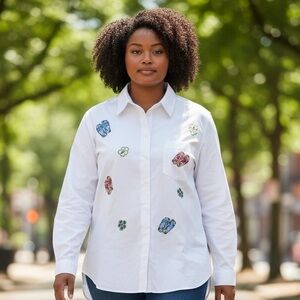 Infinity Raine White Button-Up Shirt with Multicolor Embroidered Accents 1X EUC